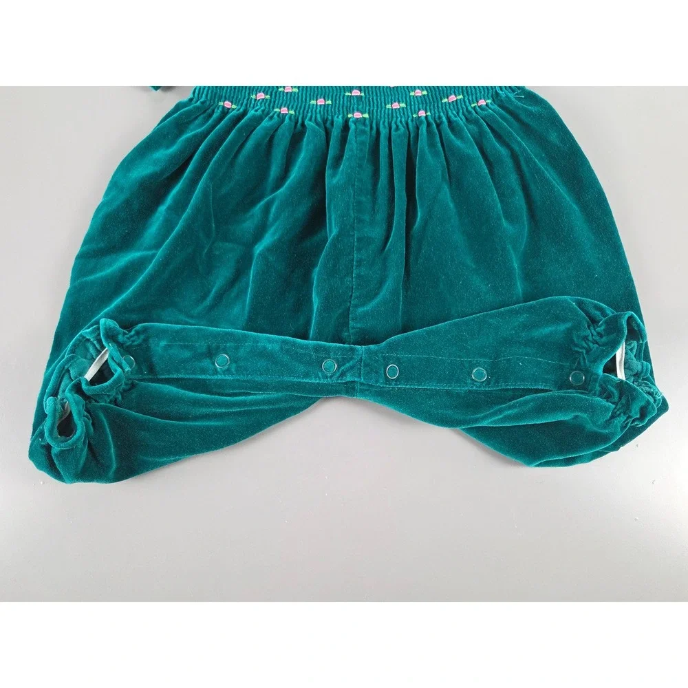 Vintage Green Velvet Baby Bubble Romper Lace Collar Floral Smocking 6 Mos